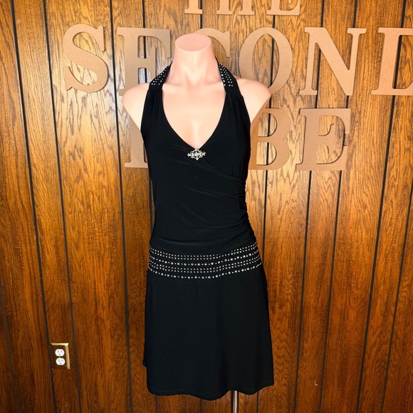 Lipstick Dresses & Skirts - Lipstick Halter Mini Dress Womens M Black Y2K McBling Rhinestone Punk Grunge USA